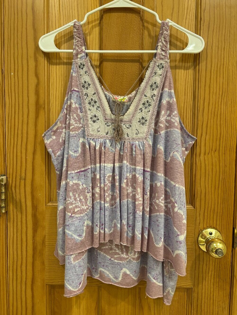 Free People Vintage Tank Top with Embroidery and Tassel Tie Lavender